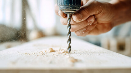 Skilled hands operating a drill bit making precise holes into wooden surface with flying sawdust in a bright woodworking workshop environment