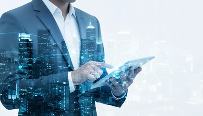 Businessman in suit uses tablet superimposed over a glowing city skyline with interconnected digital network lines Technology Connection Innovation Data Future Global Communication