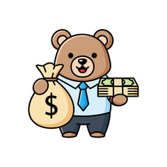 Rich business bear holding money bag icon