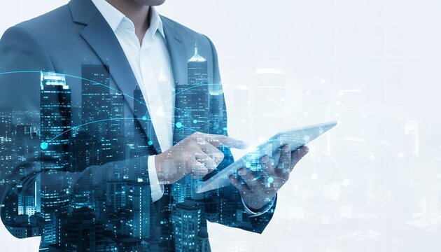 Businessman in suit uses tablet superimposed over a glowing city skyline with interconnected digital network lines Technology Connection Innovation Data Future Global Communication