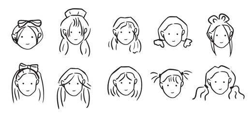 fashionable girl hairstyles in minimalist doodle style