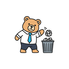 Business bear throwing paper in trash bin icon