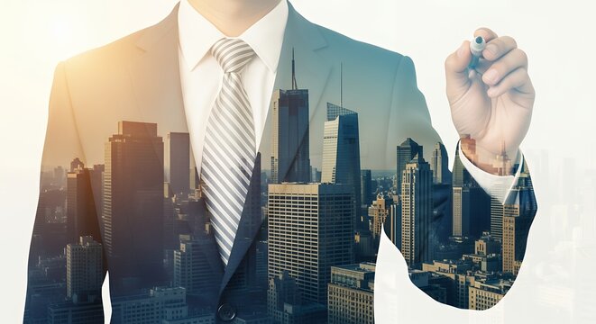 A businessman in a suit overlays a cityscape with a pen in hand suggesting planning strategy and urban development Modern Office Professional Corporate Buildings Architecture - Powered by Adobe