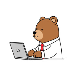 Cute business bear cartoon character typing on laptop
