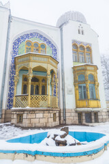 Details of the palace of the Emir of Buchara in a spa park pf resort town of Zheleznovodsk in winter, Russia