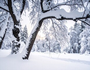 Snow Covered Trees in Winter Forest