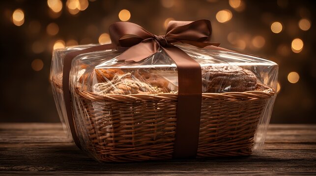 Elegant gift basket hamper with a brown ribbon on a wooden table with festive bokeh lights in the background.
