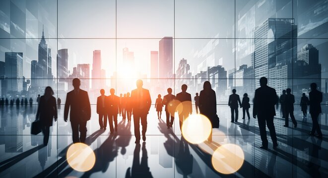 Silhouettes of business people walking through a modern city lobby with tall skyscrapers and bright sunlight shining through large windows office career success corporate