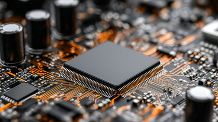 Detailed close-up of a modern microchip mounted on a circuit board with glowing orange pathways and surrounding electronic components in sharp focus