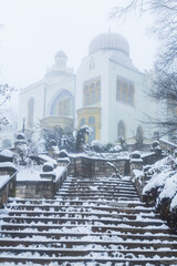 Misty palace of the Emir of Buchara in a spa park pf resort town of Zheleznovodsk in winter, Russia