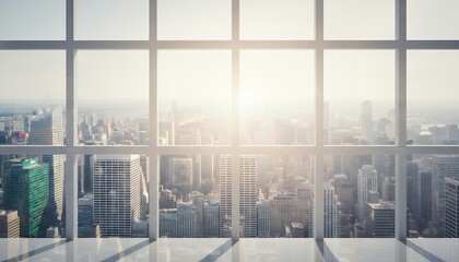 Vast cityscape panorama viewed through a large grid window with bright sunlight illuminating skyscrapers and buildings under a hazy sky urban architecture modern metropolitan