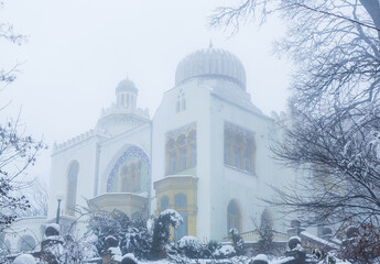 Misty palace of the Emir of Buchara in a spa park pf resort town of Zheleznovodsk in winter, Russia