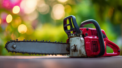 Fototapeta premium Red garden chainsaw with sharp blade resting on a surface with colorful blurred natural background in soft evening light