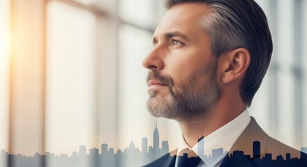 Close up profile of a mature Caucasian businessman with grey streaks in his hair looking thoughtfully towards the distance superimposed over a city skyline silhouette Grey hair
