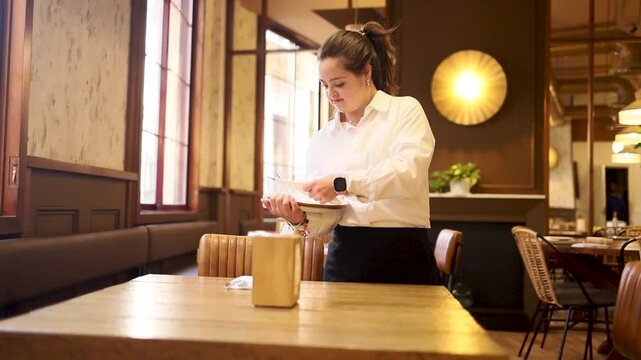 Video of a young woman with Down syndrome setting a table with cutlery and plates in a modern restaurant. Trisomy 21 concept.