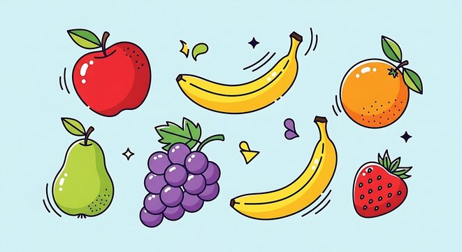 Colorful Cartoon Fruit Medley - Apple, Banana, Grapes, Pear, Orange, Strawberry.