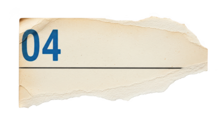 Torn paper tag with blue number 04 isolated on transparent background