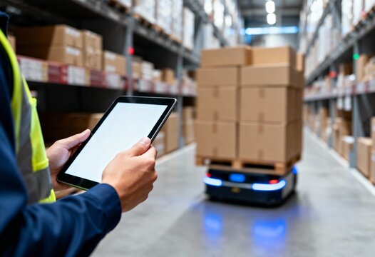 Warehouse worker uses a tablet to monitor an autonomous mobile robot carrying packages in a large inventory facility.