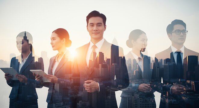 Diverse professional team superimposed on cityscape at sunrise featuring men and women in business attire some holding tablets symbolizing corporate success and growth Diversity