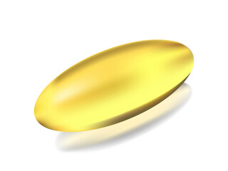 Golden oil capsule of vitamin A, E, Omega 3 or collagen. Vector realistic mockup of medical pill with fish fat or organic cosmetic oil. Clear yellow tablets isolated on transparent background