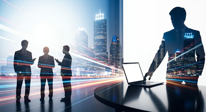 Silhouettes of businessmen in suits standing and interacting with a laptop superimposed over a nighttime city skyline with blurred light trails 170 characters people cityscape