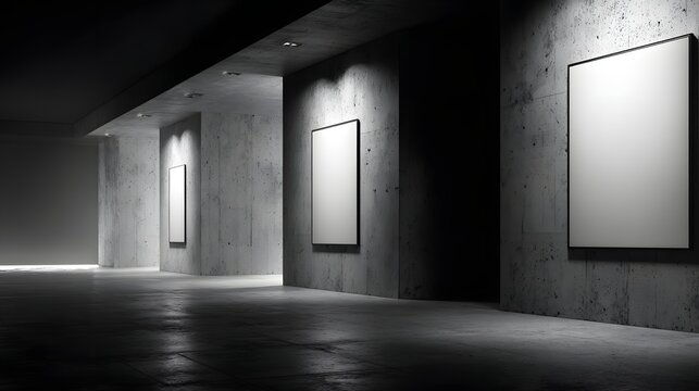 Empty Art Gallery with Blank Canvases and Dramatic Lighting.