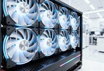 Eight illuminated cooling fans with bright blue internal lighting installed within a black desktop computer chassis, emphasizing high-performance cooling.