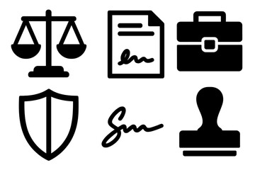 Legal Icons Set. Legal agreement silhouette icon set. scales, document paper, signature, briefcase, shield, stamp.