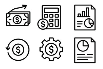 Financial KPI Icons. Financial KPIs linear icon set. cash flow, expense ratio, net income, return on investment, cost efficiency, revenue breakdown.
