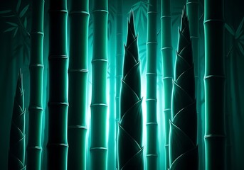 Mystical bamboo forest with luminous cyan, tranquil and atmospheric scenery