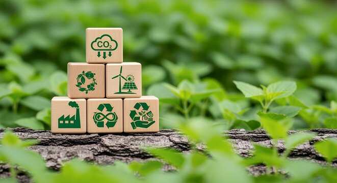 Wooden blocks stacked with green icons representing CO2 recycling industry wind power solar energy and sustainable growth against a blurred natural green background with focus on the blocks