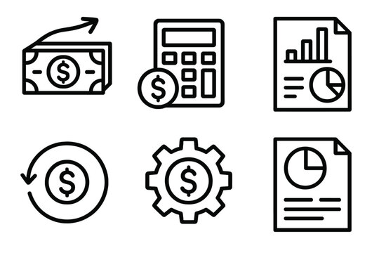 Financial KPI Icons. Financial KPIs linear icon set. cash flow, expense ratio, net income, return on investment, cost efficiency, revenue breakdown.