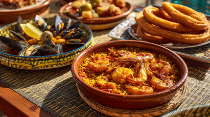 A vibrant spread of spanish delicacies including a steaming paella fresh mussels and golden churros perfect for a shared meal