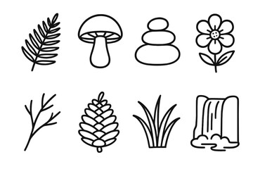 Nature Icon Illustrations. Earth & Nature linear icon set: fern leaf, mushroom, pebble stack, flower bloom, branch, pine cone, grassy tuft, waterfall
