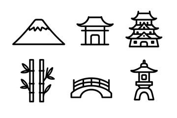 Japanese Icons Outline. Japan Landmarks Set linear icon set: mount silhouette, temple roof, castle tower, bamboo grove, garden bridge, stone lantern
