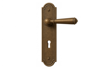 Vintage bronze door handle with keyhole escutcheon creating antique hardware concept on transparent background
