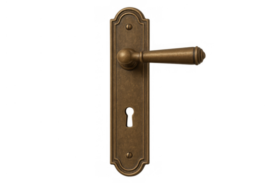 Vintage bronze door handle with keyhole escutcheon creating antique hardware concept on transparent background