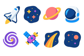 Interstellar Icon Set. Interstellar Travel flat icon set: space shuttle, starfield, planet rings, astronaut helmet, galaxy swirl, satellite, rocket trail, deep space