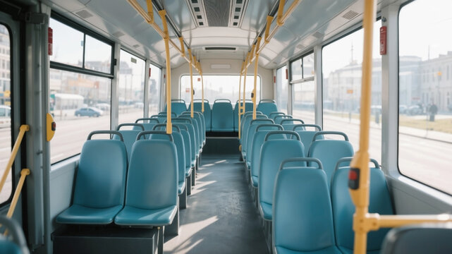 Empty bus interior with seats without passengers in public transport. - Powered by Adobe