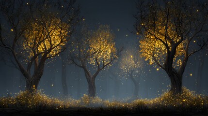 Enchanted Forest at Night with Glowing Trees and Fireflies.