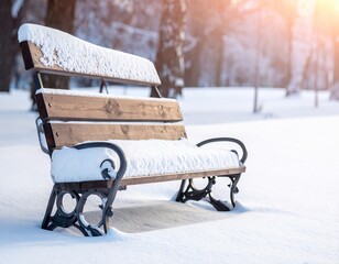 Snow Covered Wooden Bench in Winter Park with Sun Flare Landscape Serene White Scene Outdoors Rustic Relaxing Under Sunlight