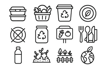 Eco-Friendly Dining Icons. Sustainable & Conscious Eating linear icon set: reusable container, farmers market basket, compost bin, plant-based plate, zero waste icon, refill jar