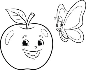 Happy Smiling Apple with Friendly Butterfly – Cute Line Art Illustration for Kids’ Coloring Books and Creative Designs
