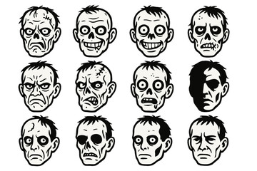 Zombie Icon Set. Zombie Expression Pack linear icon set: distorted face, wide hollow eyes, lopsided grin, torn cheek line, shallow bite mark, wrinkled brow, cracked jaw, drool