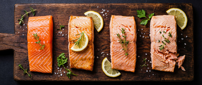 Salmon fish fillet cooking degrees raw to cooked comparison seafood healthy food omega nutrition protein orange pink texture roasting frying pan grill culinary preparation ingredient kitchen - Powered by Adobe