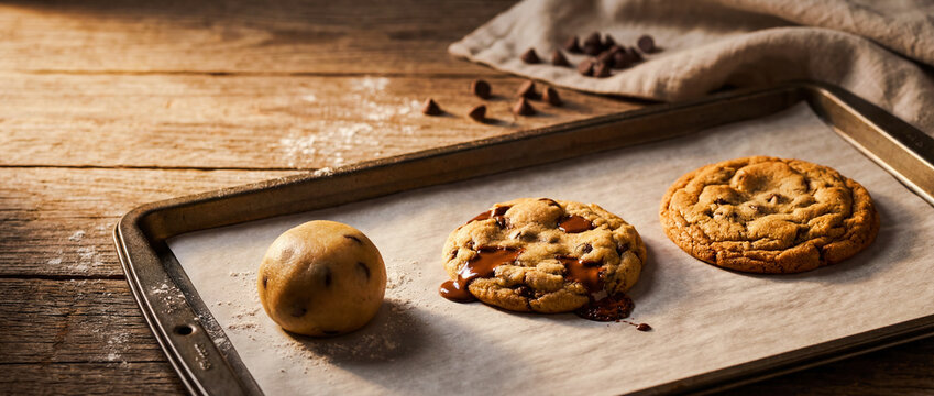 Chocolate chip cookies baking stages raw dough to baked dessert sweet snack cooking process oven transformation texture crisp brown culinary homemade pastry recipe progression comparison kitchen food 