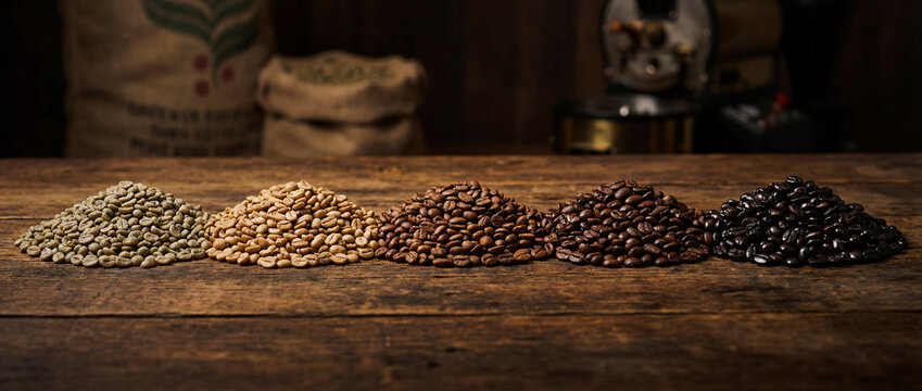 Coffee beans roasting stages green to dark roast comparison drink caffeine agriculture harvest processing gradient aroma espresso cappuccino texture ingredient seed raw cooked burnt brown color 