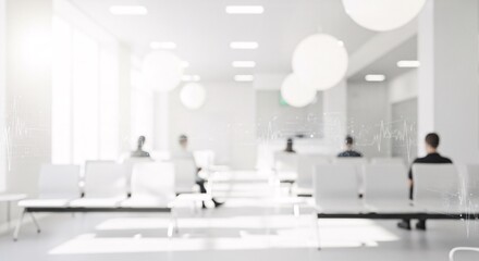 Blurred waiting room with people and heart rate graphic overlay abstract medical
