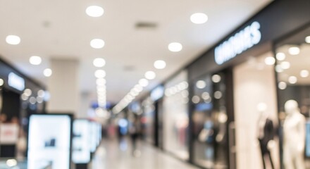 Blurred shopping mall interior with bright ceiling lights and store fronts bokeh