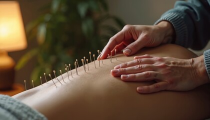 Fototapeta premium Acupuncture needles on patient back. Acupuncturist places small pins for treatment. Person receives traditional Chinese medicine for pain relief, health, wellness in clinic. Holistic therapy session.